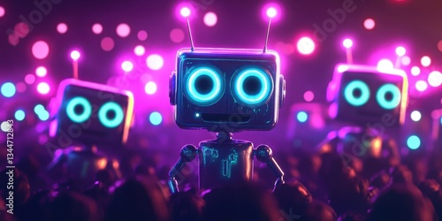 Futuristic robots surrounded by glowing lights and a blurred background