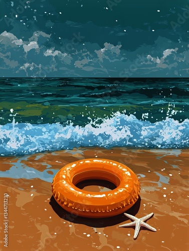 Bright Orange Float Ring on Sandy Beach With Waves and Starfish During Sunny Day