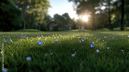 Lush green grass field with tiny blue flowers, sunlight filtering through trees