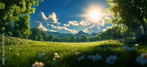 Serenity in a Sunlit Forest Clearing During Early Morning With Soft Grass and...