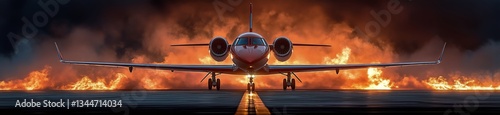 Jet Aircraft on a Runway With Flames and Smoke Rising During Twilight Conditions