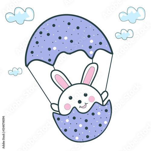 El conejo de Pascua está volando en un globo hecho de cáscara de huevo