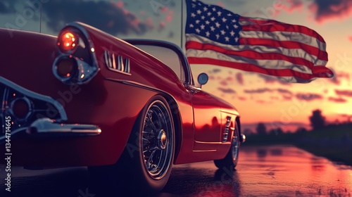 A classic red sports car and an american flag at sunset