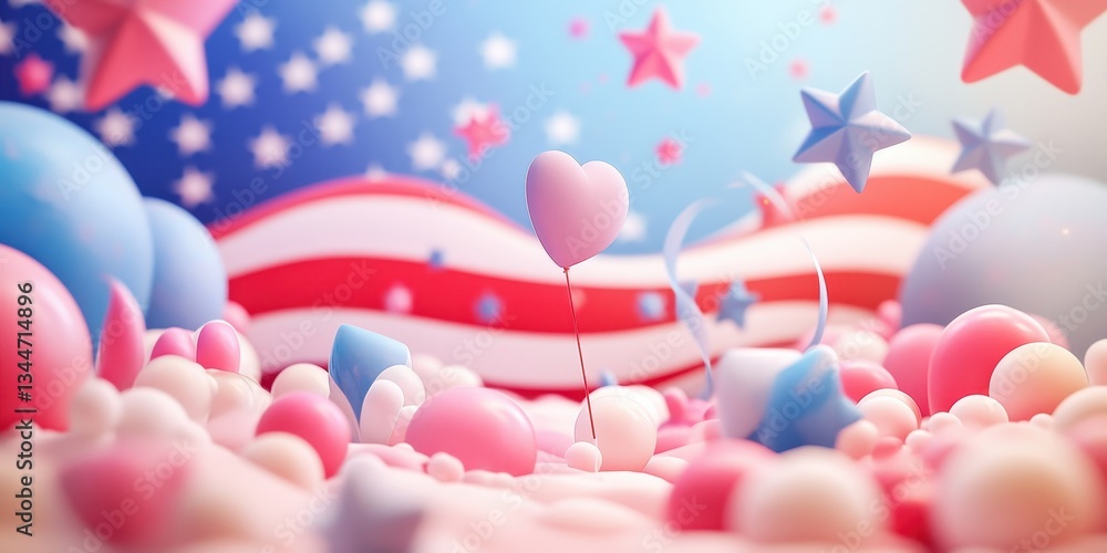 A whimsical patriotic scene featuring stars balloons and colors A whimsical patriotic scene featuring stars balloons and colors