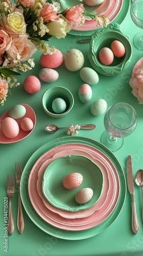 Colorful Easter Table Setting With Decorative Eggs, Flowers, and Dining Utens...