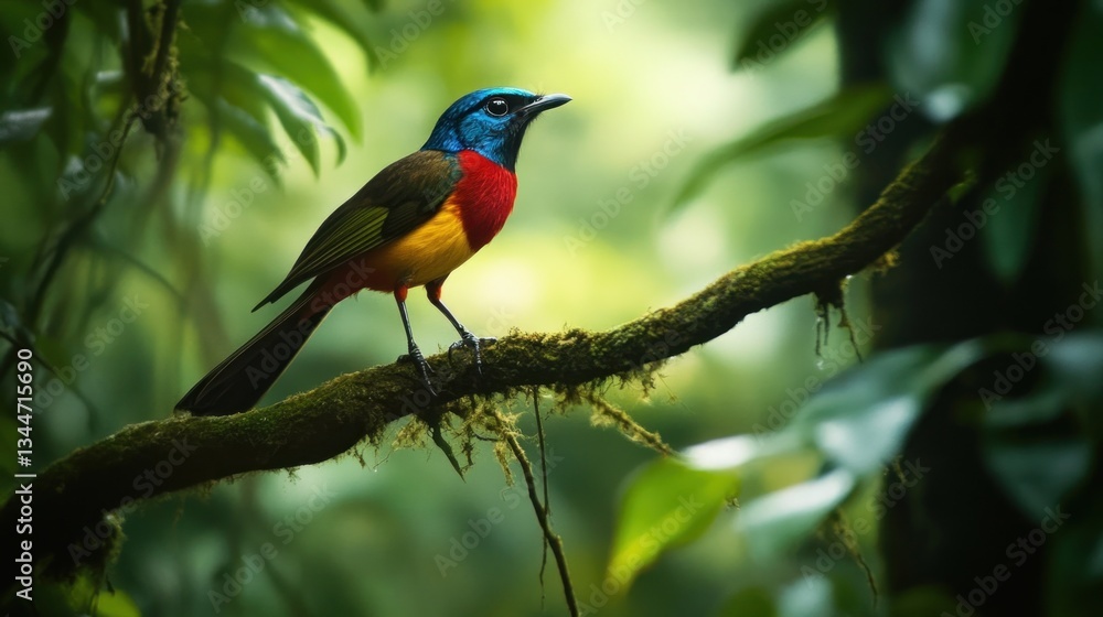 Obraz premium Vibrant bird perched on a branch in lush rainforest