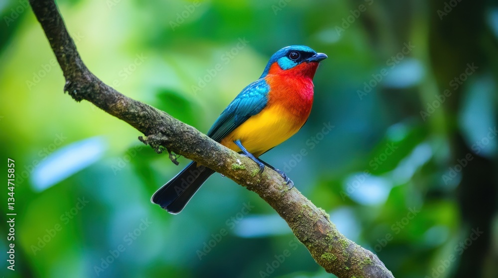 Vibrant bird perched on a branch in a lush forest Vibrant bird perched on a branch in a lush forest