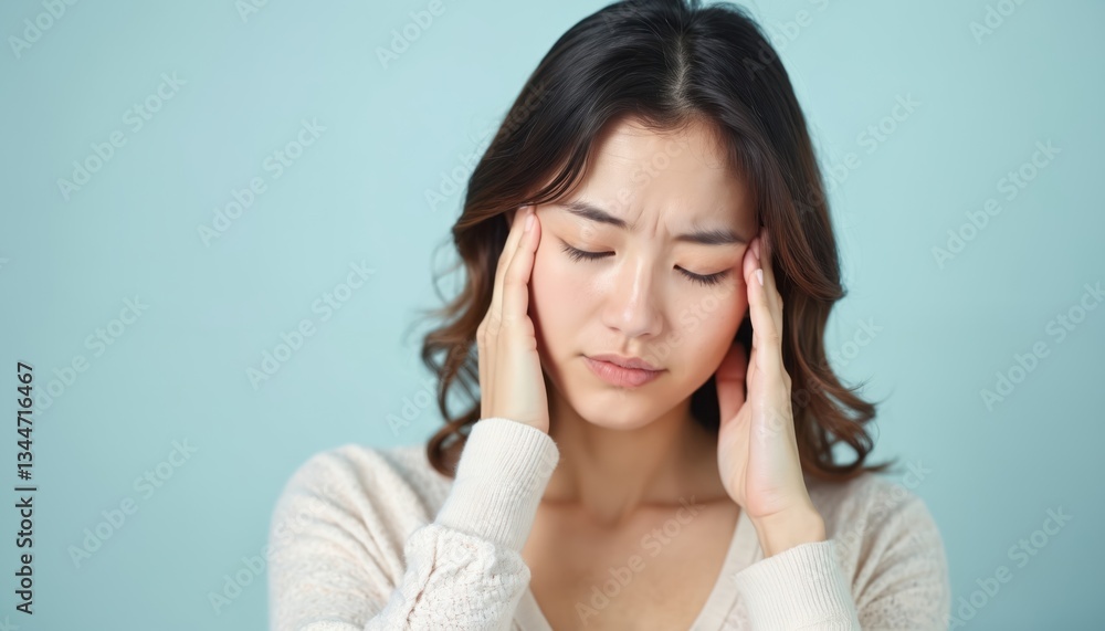 Young asian woman suffering from headache sinus pressure, touches temples. Female feels unwell, experiencing pain, migraine tension. Health problems, stress concept. Healthcare, medicine remedy, Young asian woman suffering from headache sinus pressure, touches temples. Female feels unwell, experiencing pain, migraine tension. Health problems, stress concept. Healthcare, medicine remedy,