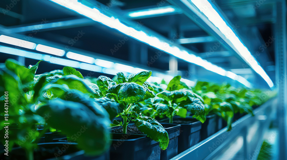 High-tech vertical farming facility with efficient hydroponic systems, vibrant crops thriving under soft blue LED lights High-tech vertical farming facility with efficient hydroponic systems, vibrant crops thriving under soft blue LED lights