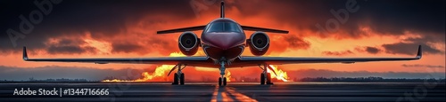 Jet Airplane Parked on Runway Against Dramatic Sunset Backdrop With Orange an...