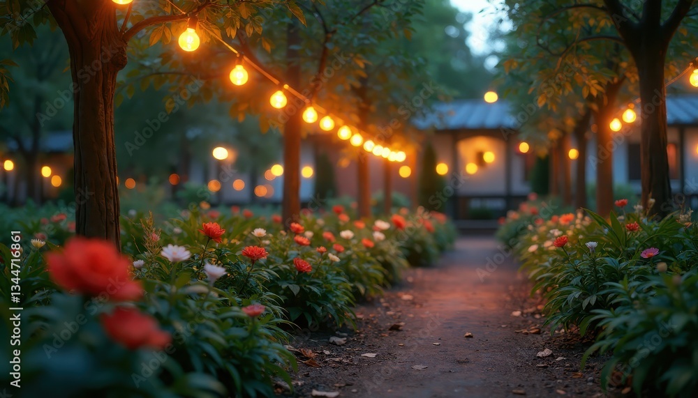 Fototapeta premium Charming garden pathway illuminated by string lights and blooming flowers during Earth Hour.