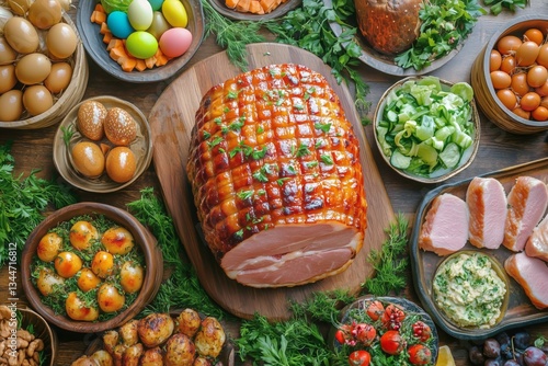Delicious Feast Featuring Roasted Ham and Fresh Vegetables on a Rustic Wooden...