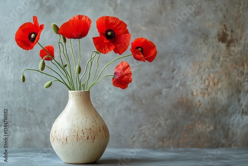 Beautiful Red Poppy Flowers Arranged in a White Vase Against a Textured Gray ...