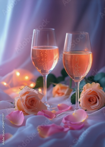 Celebration of Love With Rose Wine and Pink Rose Petals on a Soft Fabric