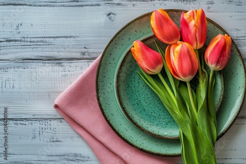Colorful Tulips Arranged on Plates With a Soft Cloth Capturing a Serene Dinin...
