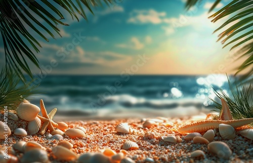 Coastal Beach Setting With Seashells and Starfish on Sand Near Tranquil Ocean...