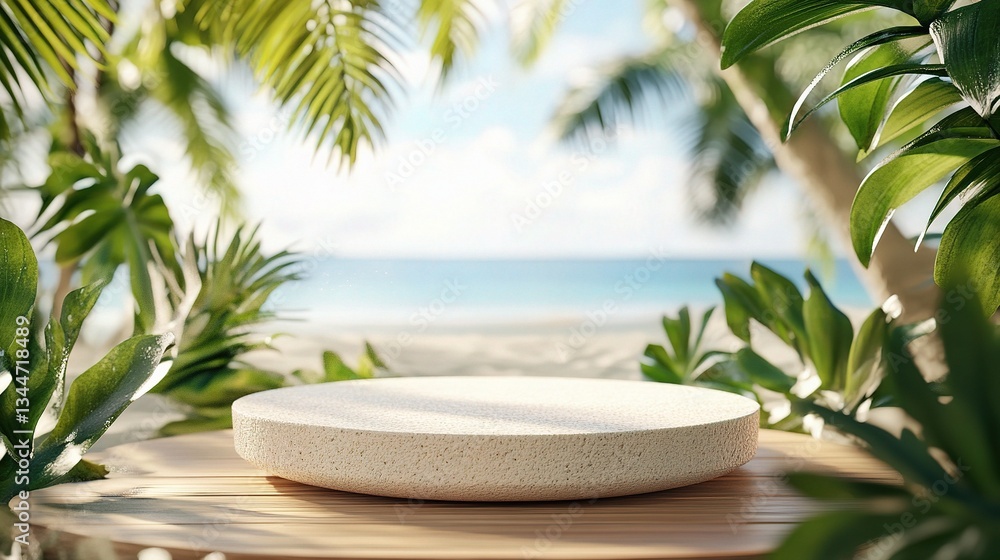 3D Podium Surrounded by Tropical Leaves on a Beach Background 3D Podium Surrounded by Tropical Leaves on a Beach Background
