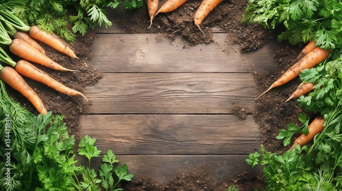 Freshly Harvested Carrots and Herbs on Rustic Wooden Surface With Dirt