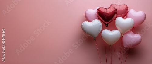 Colorful Heart-Shaped Balloons Float Against a Soft Pink Backdrop for a Festi...