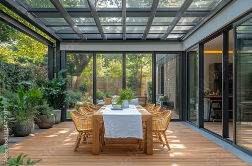 Modern Dining Area With Glass Walls and Wooden Deck in Lush Garden Setting