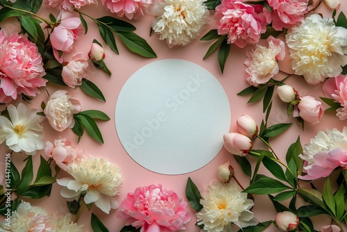 Floral Arrangement Featuring Peonies and Leaves Surrounding a Blank Circular ...