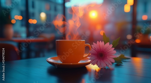 Cozy Coffee Cup With Flower in Vibrant Cafe During Evening Hours