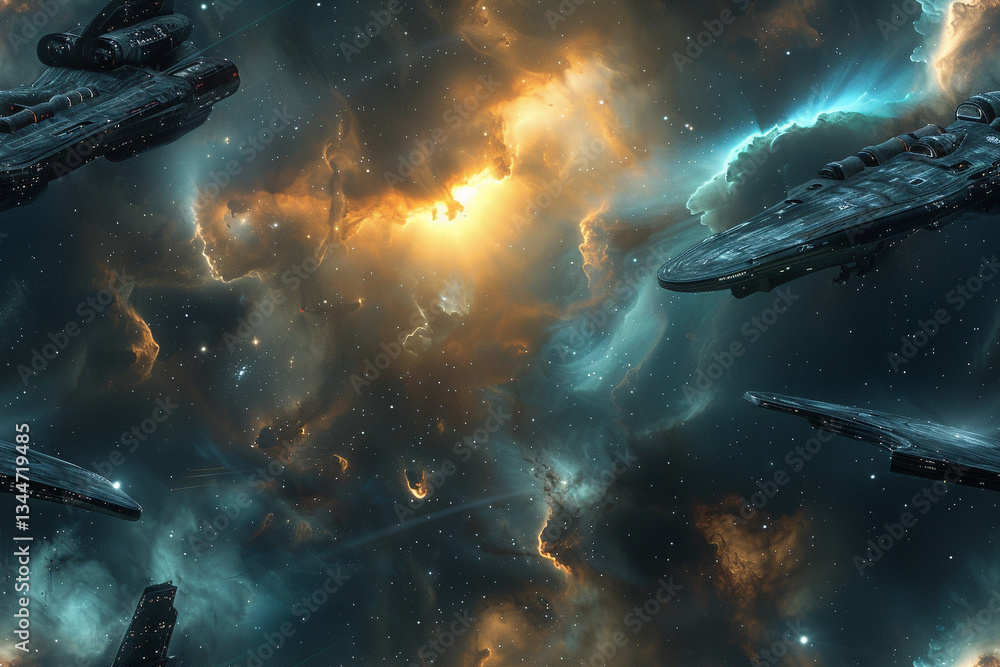 Cosmic exploration seamless pattern featuring vibrant galaxies and futuristic starships Cosmic exploration seamless pattern featuring vibrant galaxies and futuristic starships