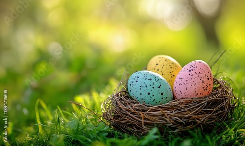 Colorful Speckled Eggs in a Nest on a Sunny Spring Day Outdoors