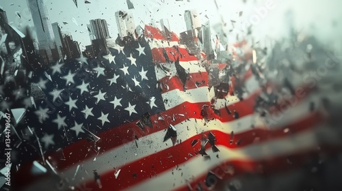 A shattered United States flag with a city skyline behind