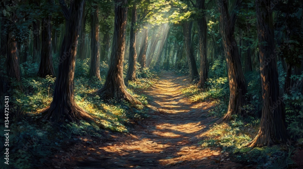 Obraz premium Serene Forest Pathway Bathed in Soft Sunlight with Lush Greenery and Gentle Shadows