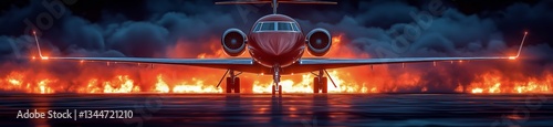 Jet Aircraft on a Runway With Flames and Smoke Rising During Twilight Conditions