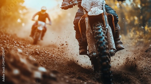 Three Motocross Riders Racing on Dirt Track During Sunset, Creating a Cloud o...