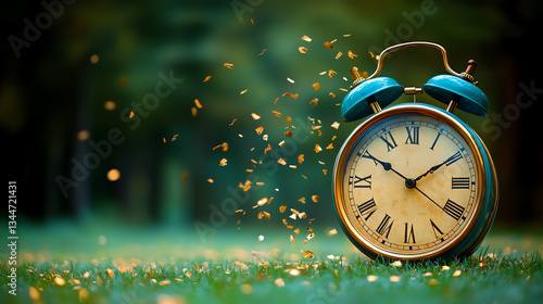 Close up of a blue and gold alarm clock on green grass with falling leaves