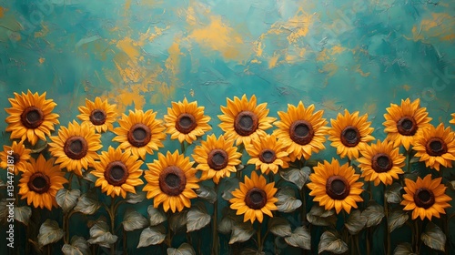 Sunflower Field With a Distant Farmhouse in a Lush Green Landscape on a Clear...