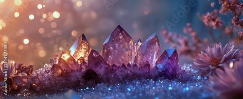 Crystals Shimmering Under Soft Light With Flowers and Sparkles in a Tranquil ...