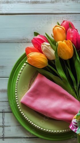 Beautifully Arranged Tulip Bouquet on a Green Plate for a Spring Celebration ...
