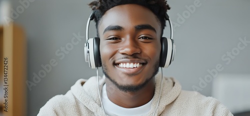 Young Man Enjoys Music While Wearing Headphones in Cozy Indoor Setting During...
