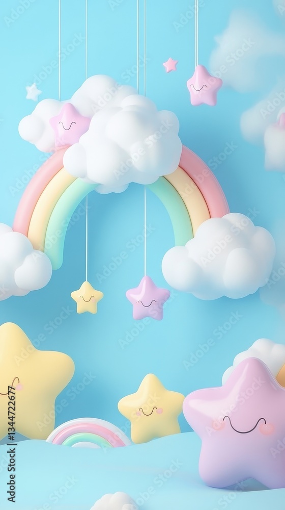 Pastel colored clouds rainbows and smiling stars against blue background Pastel colored clouds rainbows and smiling stars against blue background