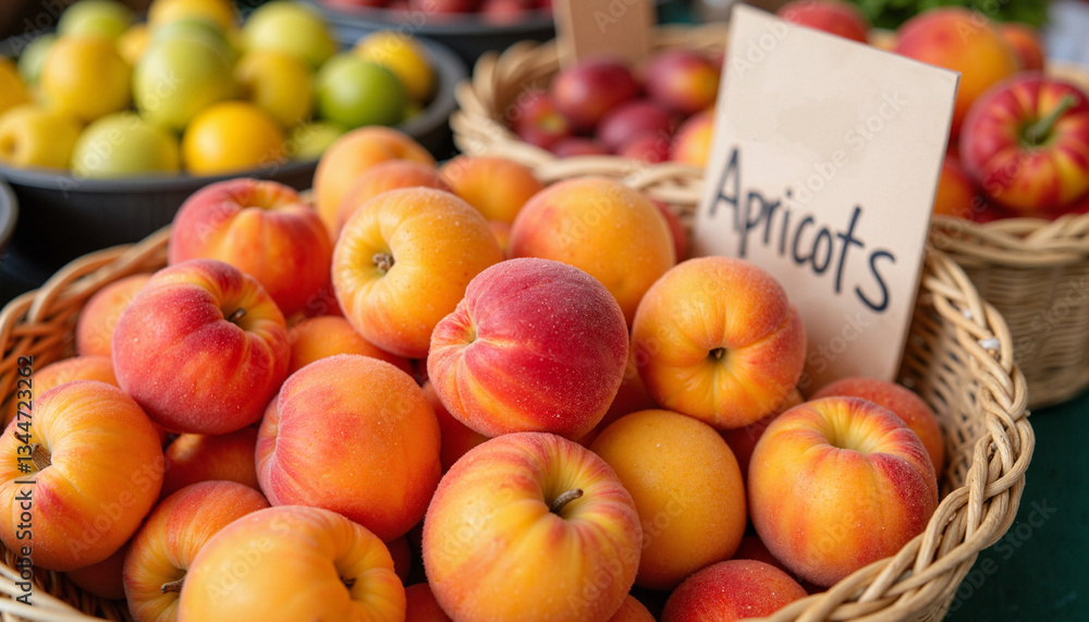 Dew-covered apricots in a farmer’s market basket, summer harvest Dew-covered apricots in a farmer’s market basket, summer harvest