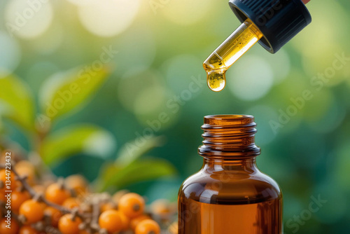 Wallpaper Mural A drop of sea buckthorn oil drips from a pipette on a green background Torontodigital.ca