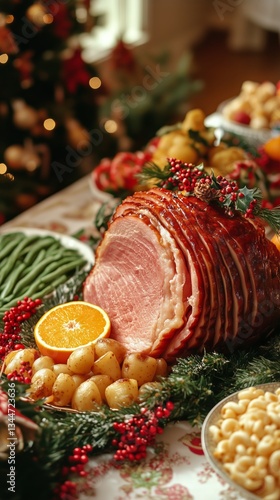 Holiday Feast Display Featuring Glazed Ham and Side Dishes on a Festive Table...