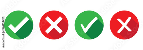 Green tick and red cross checkmarks. Right or wrong icons. Checkmark and x mark icon for apps and websites.