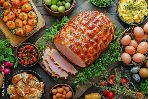 Delicious Feast Featuring Roasted Ham and Fresh Vegetables on a Rustic Wooden...