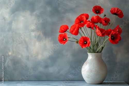 Beautiful Red Poppy Flowers Arranged in a White Vase Against a Textured Gray ...