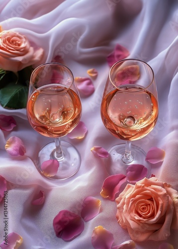 Celebration of Love With Rose Wine and Pink Rose Petals on a Soft Fabric