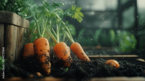 Freshly Harvested Carrots and Herbs on Rustic Wooden Surface With Dirt