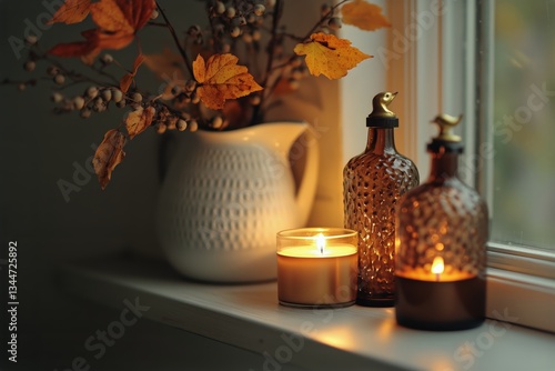 Decorative Vase With Dried Flowers and Candles on Windowsill During Soft Afte...