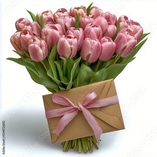 Beautiful Bouquet of Pink Tulips With a Ribbon Tied Envelope