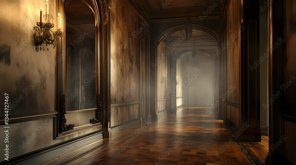 Fototapeta premium Eerie hallway with reflective mirrors and a mysterious, foggy atmosphere. Shadow Mirror. Illustration