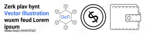 Decentralized finance blockchain network diagram, currency coin design, and digital wallet icon. Ideal for fintech, DeFi, blockchain, cryptocurrency, transactions, security abstract line flat